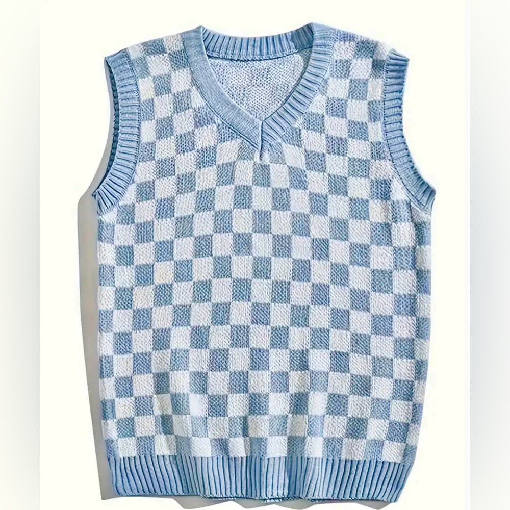 Gingham Print Sweater Causal Vneck